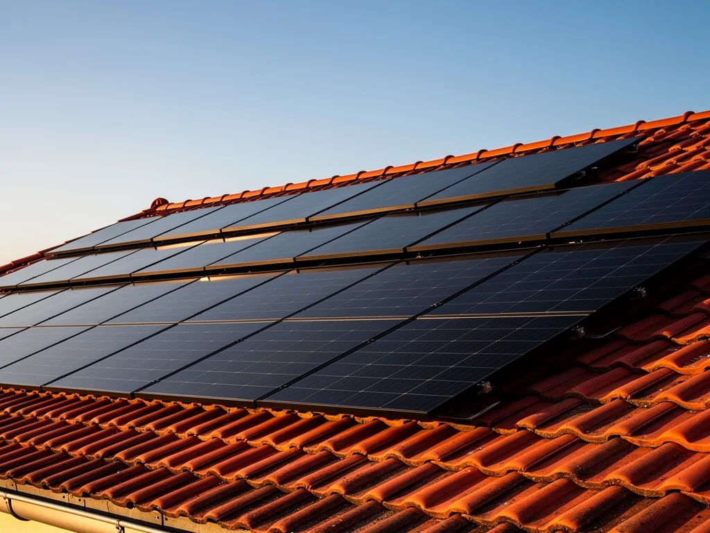Champ de panneaux photovoltaïques posé par un artisan sur un toit en tuiles